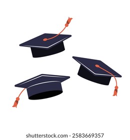 Graduation Caps Flying In Flat Vector Illustration Symbolizing Academic Success, Graduation Ceremony, Achievement, And Education, Isolated On White Background.