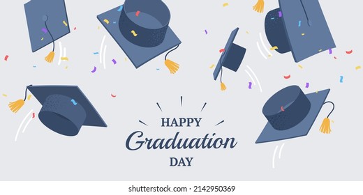 Graduation caps flying up. Happy graduation day banner design. Background with academic hats and falling colorful confetti. Concept for banner, poster, party and event invitation. Vector illustration.