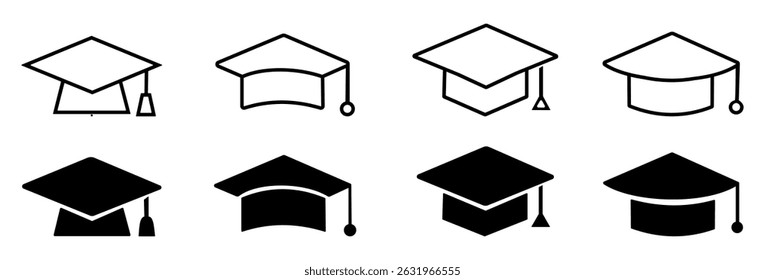 Graduation caps icon, different designs of  in various styles for celebratory occasions. Vector illustration 