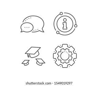 Graduation caps line icon. Chat bubble, info sign elements. Education sign. Student hat symbol. Linear throw hats outline icon. Information bubble. Vector
