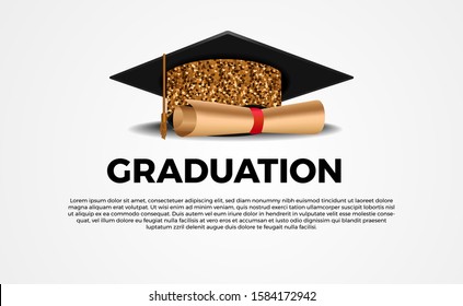Graduation caps with paper collages certificate for graduates party poster banner template