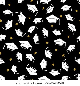 Graduation caps seamless pattern. Hats thrown up. Grad ceremony backdrop. Vector template for fabric, textile, wrapping paper, wallpaper, etc. 