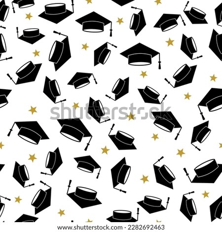 Graduation caps seamless pattern. Hats thrown up. Grad ceremony backdrop. Vector template for fabric, textile, wallpaper, wrapping paper, etc. 