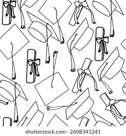 Graduation caps thrown in the air outline seamless pattern. Academic caps sketch on white backgroun. Vector illustration 