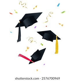 graduation caps thrown into the sky and colorful confetti on a white background