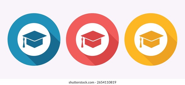 Bonés de graduação em várias cores que representam educação, aprendizagem e realizações acadêmicas com fundos circulares