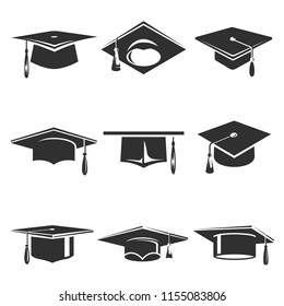 Graduation caps vector icons set isolated from background. Illustrations of classic student graduation hats or caps in black and white. Various silhouette graduates headgear collection.