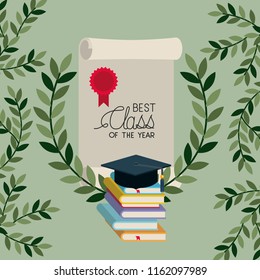 graduation card with books and diploma