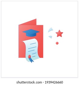 Graduation card flat icon. Successful training completion. Learning achievement document. Graduation concept.3d vector illustration