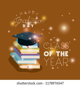 graduation card with hat and pile books