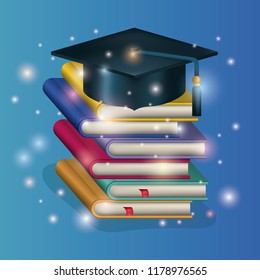 graduation card with hat and pile books