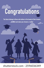 Graduation card with joyful graduates tossing caps on purple background. Whimsical clouds add celebratory touch. 
