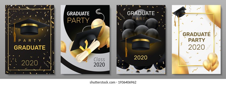 Graduation cards. Invitation and congratulation banners. Greeting postcards with black caps and degree diplomas, realistic balloons or confetti. Vector flyers set for graduate ceremony