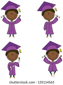 Graduation Cartoon African-American Boy In Different Poses