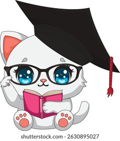 Graduation Cat Reading Book Kitten Vector