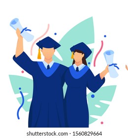 graduation celebrate couple flat illustration