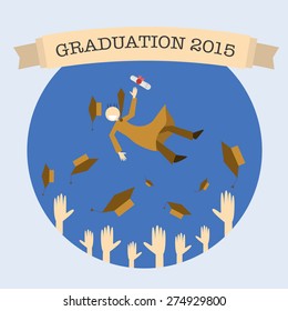 Graduation celebrating. Students throwing hats in the air and happy graduation guy jumping high