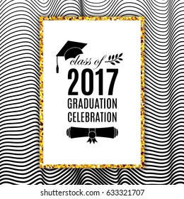 Graduation celebration 2017 class of greeting card with hat, scroll and laurel on waves background for invitation, banner, poster, postcard. Vector illustration