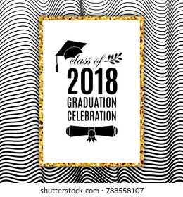 Graduation celebration 2018 class of greeting card with hat, scroll and laurel on waves background for invitation, banner, poster, postcard. Vector illustration. All isolated and layered