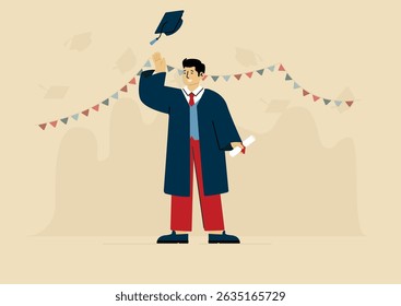 Graduation Celebration – Asian Male Graduate Throwing Cap