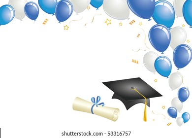 Graduation celebration with balloons, cap, diploma, and gold confetti