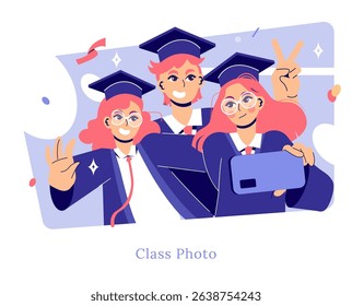 Graduation celebration capturing joyful students taking a group selfie. They convey excitement and happiness in academic attire with caps and gowns, surrounded by festive elements. Vector illustration
