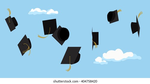 Graduation celebration. Graduation ceremony. Graduation party. Vector flat design. Graduation caps high in the sky. Greeting card design.