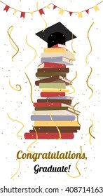 Graduation celebration. College, university graduation party or ceremony invitation. Flat vector. Graduation cap on top of stack of books, serpentine and confetti. Greeting card design.