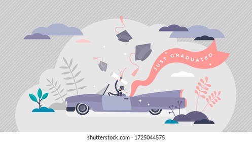 Graduation celebration concept, flat tiny person vector illustration. Getting college or university diploma and enjoying freedom. Happy and successful student in a car with a certificate in hands.