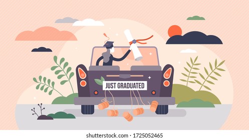 Graduation celebration concept, tiny person vector illustration. Getting college or university diploma and enjoying freedom. Successful student with certificate in hands riding with a car into sunset.