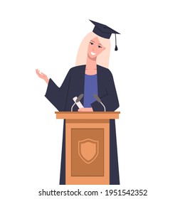 Graduation celebration concept. Young female student saying a graduation speech and holding a diploma. Student in gown giving speech on podium Flat style vector illustration.