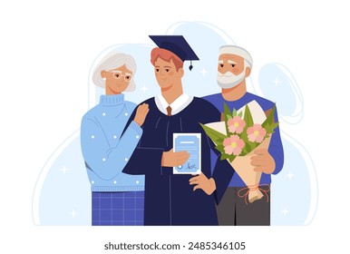 Concepto de celebración de graduación. Joven con bata ceremonial y sombrero cerca de los abuelos. Estudiante exitoso de Asistencias familiares. Educación, formación y aprendizaje. Ilustración vectorial plana