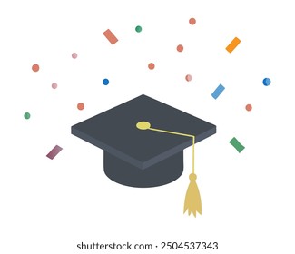 Graduation celebration with confetti. Academic achievement and success. Flat vector illustration of a graduation cap