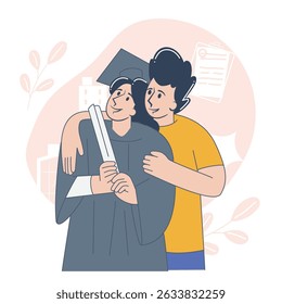Graduation Celebration Couple Female Graduate with Diploma Hugged by Partner in Flat Style