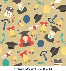 Graduation Celebration Elements Seamless Background. Man And Woman Graduates In Hats And Gowns, Balloons, Bell, Limousine, Cake, Diploma And Wreath Education Pattern Wallpaper Backdrop