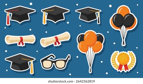 Graduation Celebration Elements Stickers Collection for Congratulating Students on Graduation Day Ceremony