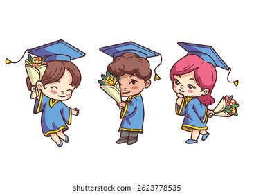 Graduation celebration featuring happy children, showcasing cute people in various poses with bundled vector illustrations.