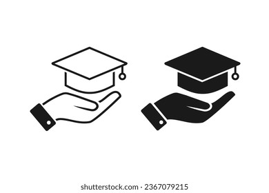 Graduation celebration icon. Hand holding graduation cap. Illustration vector