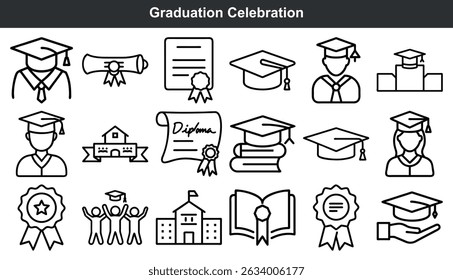 Graduation celebration icons set line art style