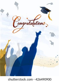 Graduation celebration with mortars, caps  flying in the air in watercolors. Vector.