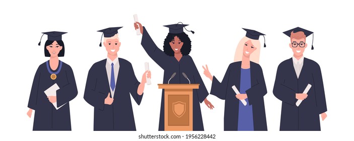 Graduation celebration and motivational speech concept. Flat style group of happy students wearing academic dress and holding diplomas isolated on white. Graduation cartoon vector illustration.