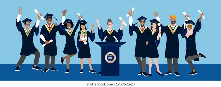 Graduation celebration, motivational speech concept. Flat style group of happy diverse male, female students wearing academic mantle, hat, holding diplomas. Graduation 2021 cartoon vector illustration