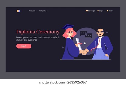 Graduation celebration scene featuring a happy graduate receiving their diploma from a representative. The event signifies achievement and marks a significant educational milestone, evoking pride and
