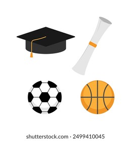 Graduation celebration with sports theme featuring cap, diploma, soccer, and basketball suitable for graduation party invitations or sportsthemed events.