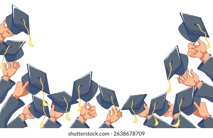 Graduation Celebration with Students Throwing Their Caps in the Air – Vector Illustration