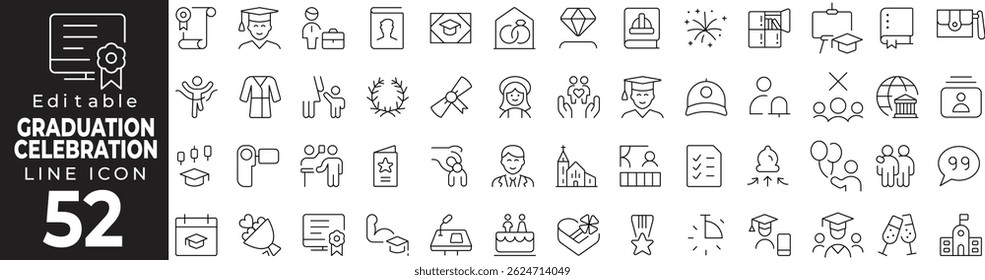 Graduação Celebração Thin Line Icon Set - Cerimônia, Grau, Sucesso