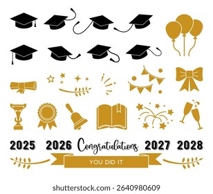 Graduation and Celebration Vector Set. Class of 2025 2028 Icons