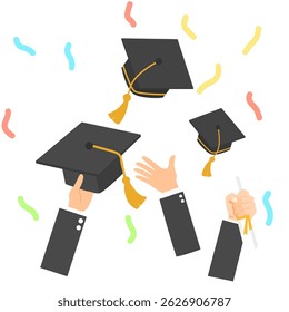 Graduation Celebration Vector Set – Hands Throwing Caps and Diplomas with Confetti