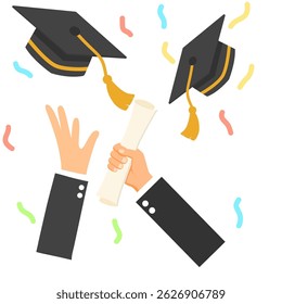 Graduation Celebration Vector Set – Hands Throwing Caps and Diplomas with Confetti