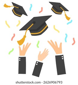 Graduation Celebration Vector Set – Hands Throwing Caps and Diplomas with Confetti